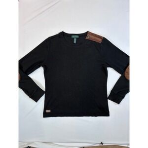 LRL Ralph Lauren Jeans Co Black Long Sleeve Preppy Barn TShirt Top Suede Patches